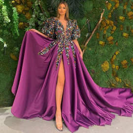 2025年新款跨境 欧美女装亚马逊连衣裙亮片大摆开叉V领宴会晚礼服