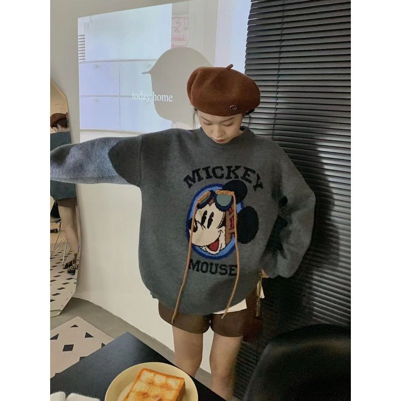 Casual Loose Round Neck Cartoon Mickey New Sweater, Versatile Knitwear for Autumn and Winter with Graffiti Pattern, Lazy Style
