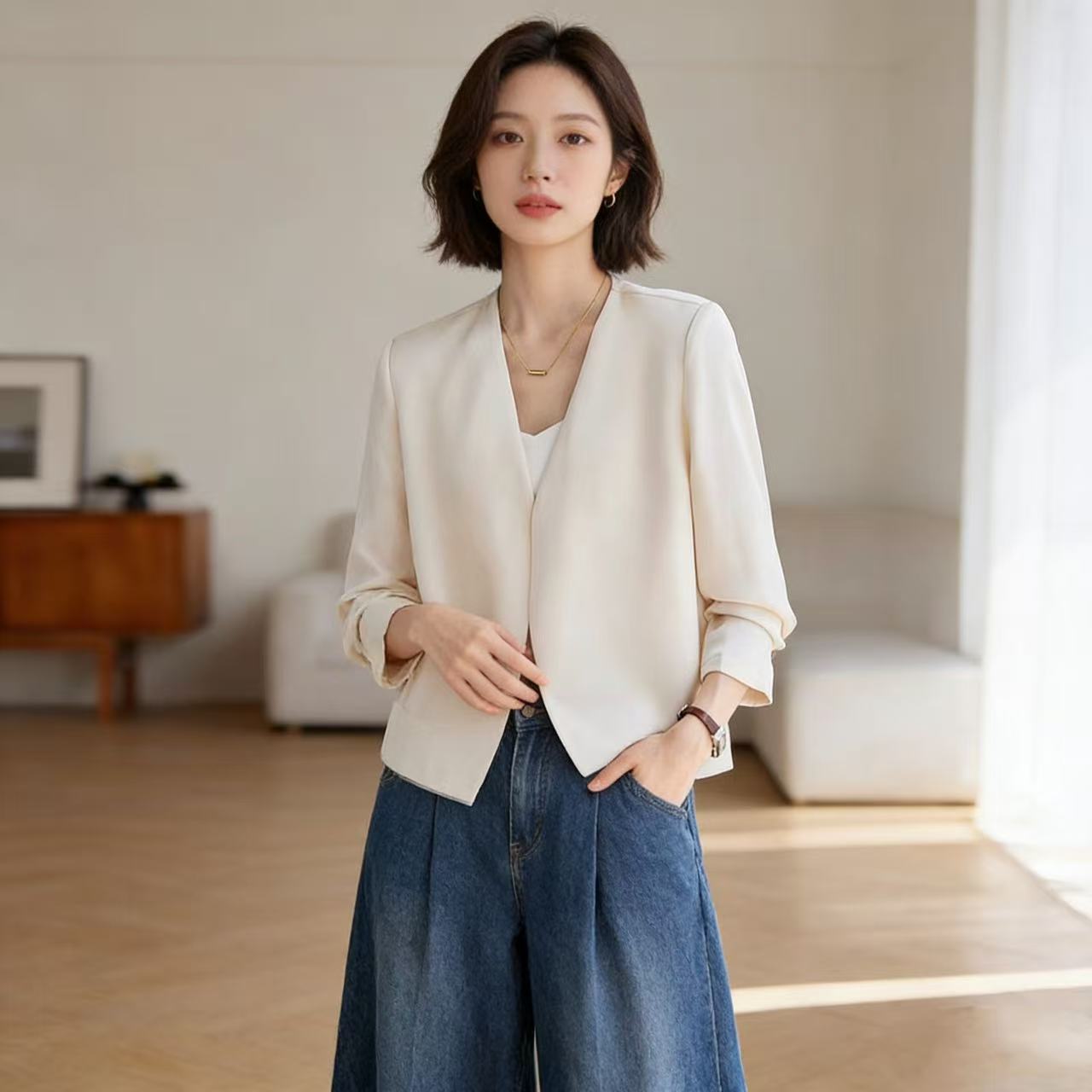 Commuting Casual Three-Quarter Sleeve Blazer Thin Jacket for Women 2026 New Style Petite Short Suit Top with Silky Drape