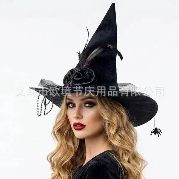 Halloween Party Velvet Mesh Spider Decoration Witch Hat European and American Cross-Border Bestseller Happy Valley Park Witch Hat