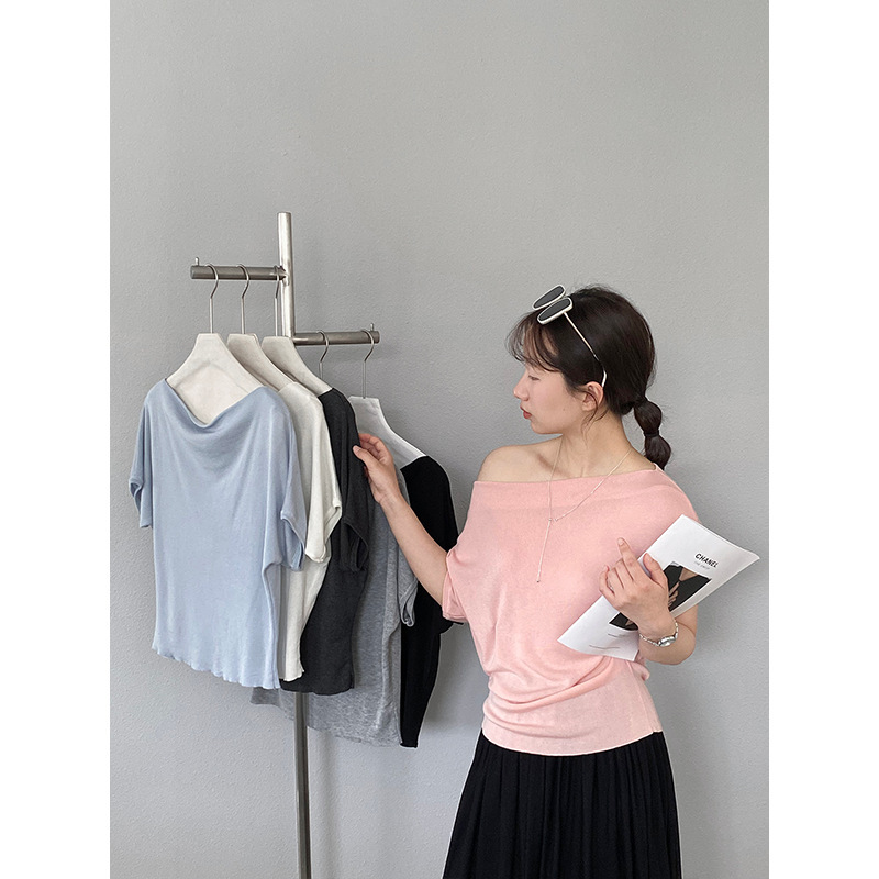 Jiangzuo New Style Off-Shoulder Short Sleeve Women's French American Style Ruched Waist Short Knit Top F672
