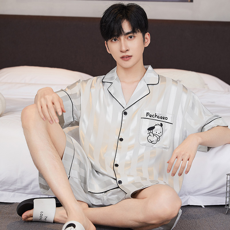 Teenager Ice Silk Pajamas Men's 2025 Summer Simple Cardigan Thin Short-sleeved Silk Home Clothes suit