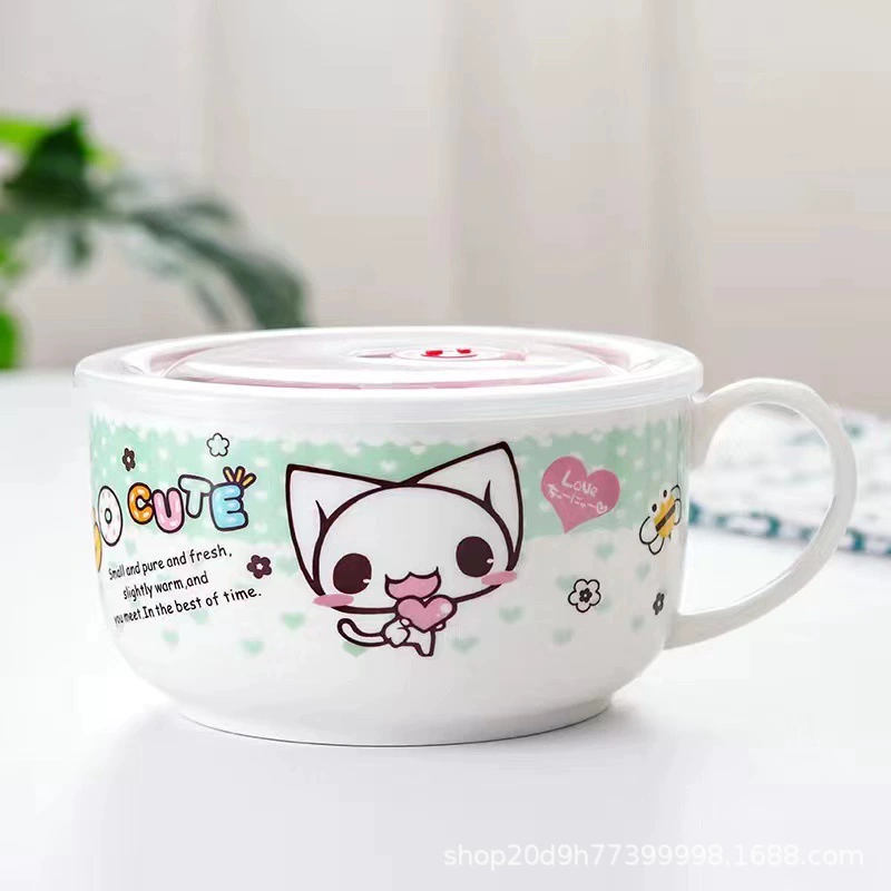 Microwave ceramic noodle bowl with lid and handle, 5.25″ and 6″, cute printed designs