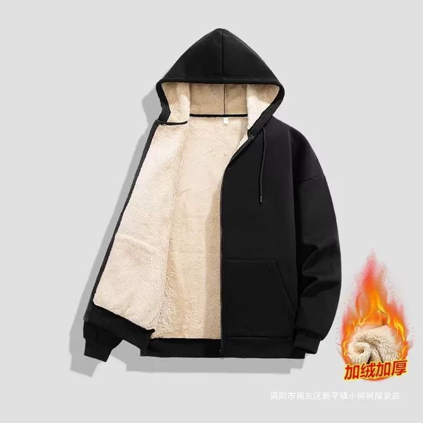 Lamb Wool Sweatshirt Men's Fleece-Lined Black Jacket Men's Winter Fleece-Lined Large Size Loose Zipper Hooded Cardigan Sweatshirt