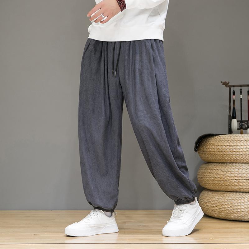 Chinese style casual pants men's autumn new corduroy trousers Japanese retro plus size tight ankle-tied pants