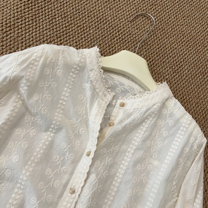 Elegant and Gentle, Intricately Embroidered Lace, Sweet and Versatile Shirt for Women, Early Spring Button-Up Stand Collar Long-Sleeve Blouse