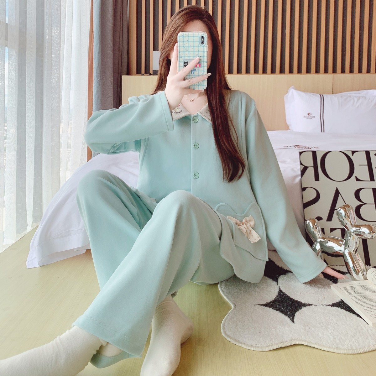 Postpartum Clothing Autumn and Winter Style Fleece-Lined Maternity Nursing Pajamas Postpartum Breastfeeding Pregnancy Outerwear Home Wear German Velvet