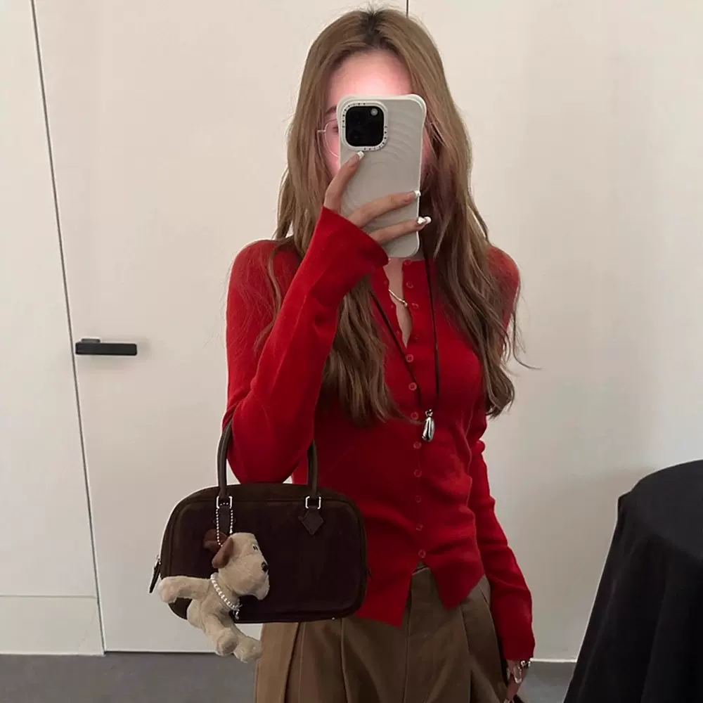 韩系红色针织开衫女2026早秋新款修身显瘦长袖打底内搭学生上衣潮