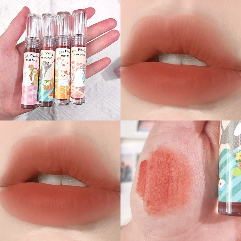 PINKCOCO Кот и пикник кошки туман блеск для губ с низкой насыщенностью молочный апельсиновый матовый матовый матовый псевдо‑обычный студенческий вечер