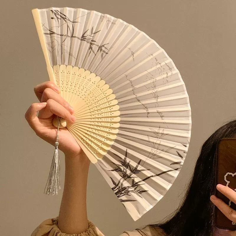 新型扇子古風絹織物扇風機中国風水墨蘭ハスの花梅の折り畳み扇新中国式折扇写真|undefined