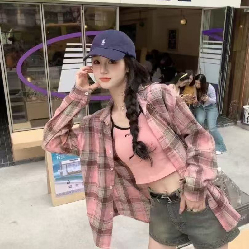 Pink brushed fabric women's shirt, high-end new model for autumn 2026, plaid mid-length loose fit with logo, long-sleeved top