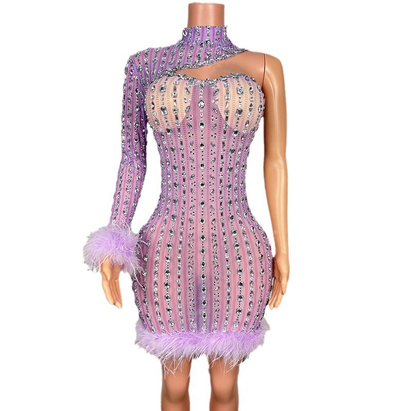 GC Purple Feather Bright Diamond Evening Dress Stage Performance Dress Wedding Host MC Party Bar Night Club Performance
