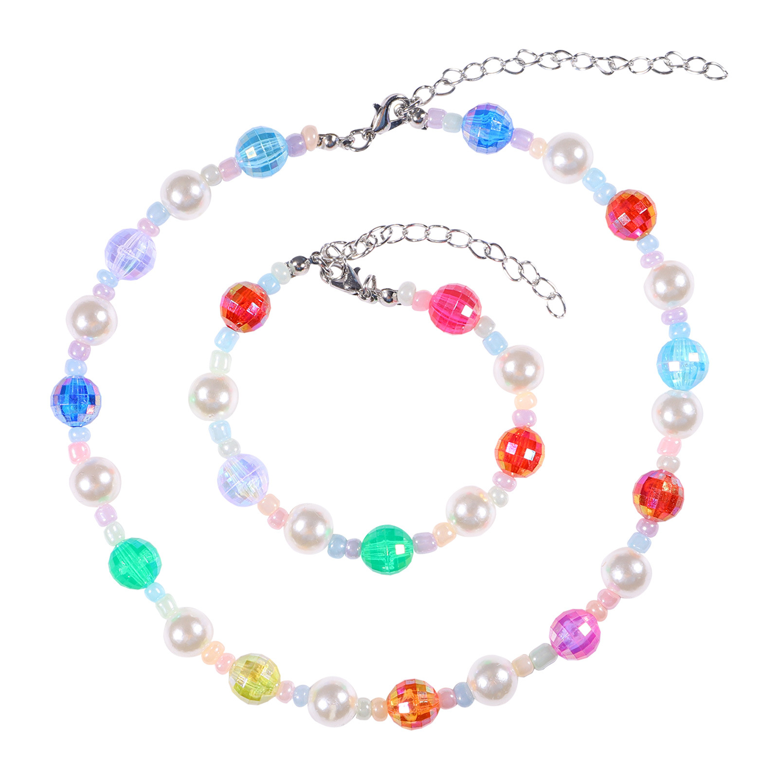 Color Laser Bead Pearl Stitching Chain Necklace Bracelet Set display picture 1