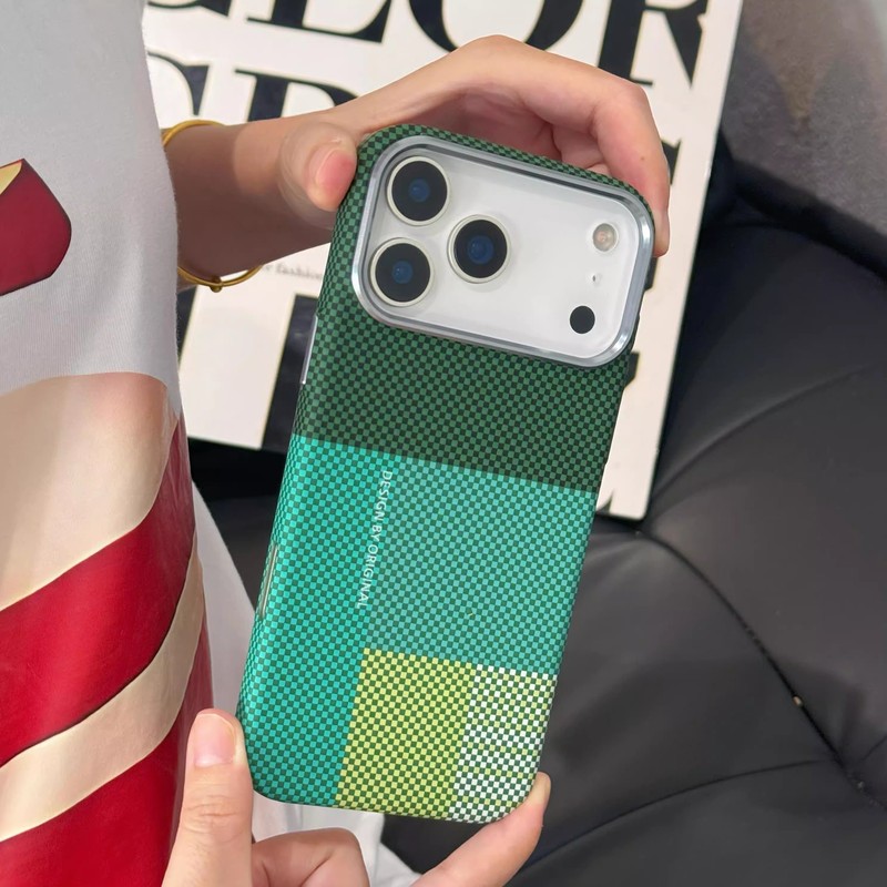 适用iPhone17promax拼色格纹磁吸手机壳凯夫拉纹苹果16超薄PC护套|undefined