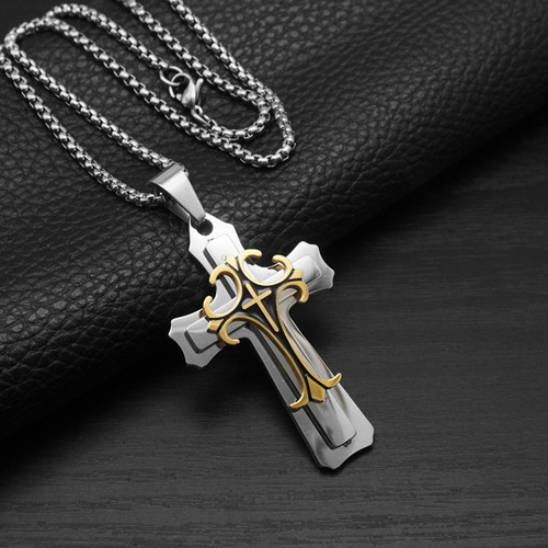 Cross-border personality domineering three-layer cross pendant punk hip-hop European and American long trendy men's titanium steel necklace