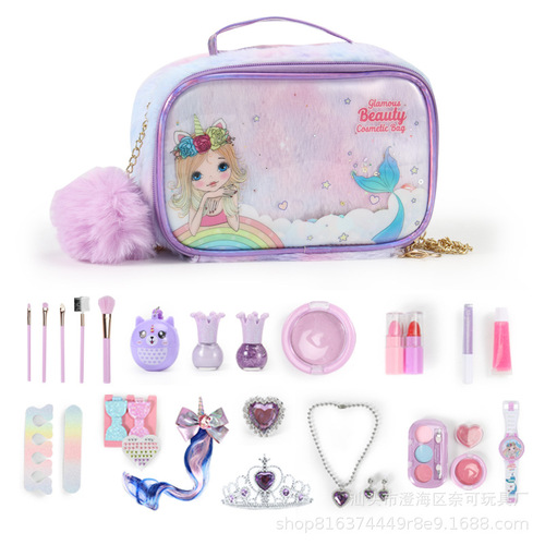 Cross-border mermaid children's cosmetics makeup bag full set of toys girls play house lipstick nail polish Amazon