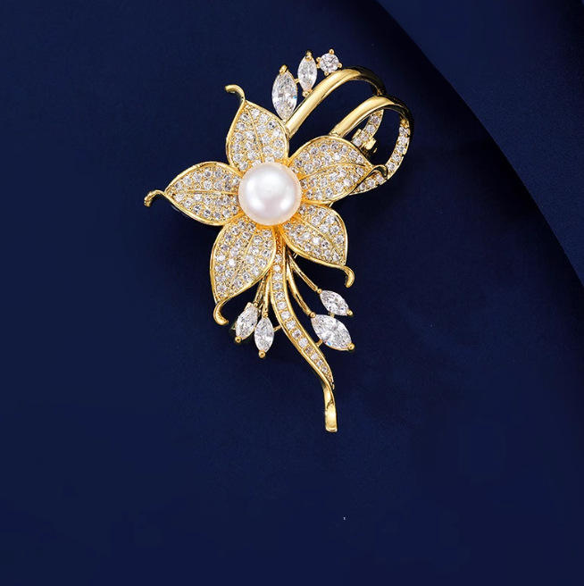 Double flute factory flower pearl brooch high-end women's suit coat corsage dress pin clothing accessories gift