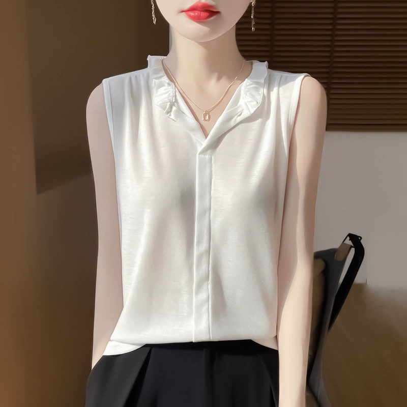 2025 весна и лето новый камвольный деревянный ушной воротник трикотажная рубашка кардиган сплошной цвет без рукавов свободный тонкий топ прилив