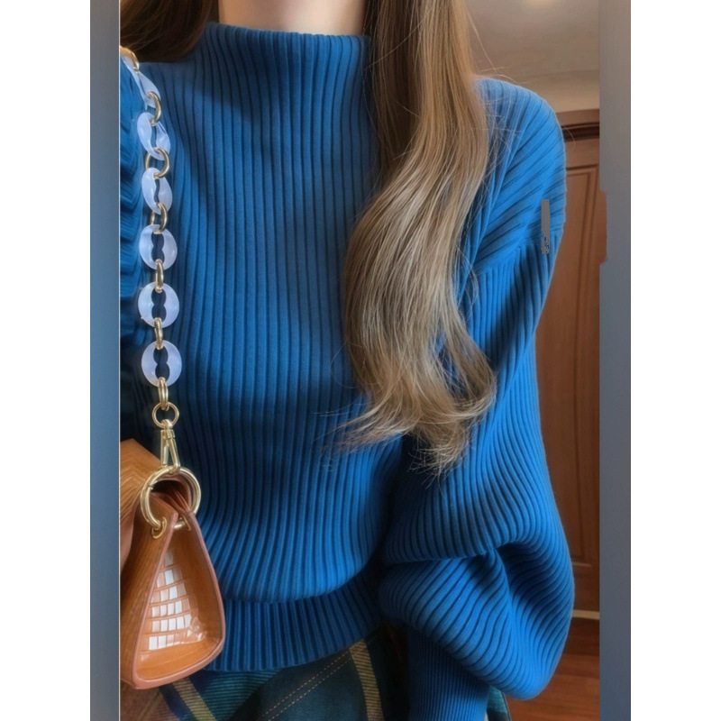 가을과 겨울 새로운 프랑스 레트로 블루 하프 터틀넥 니트 스웨터 높은 허리 격자 무늬 긴 치마 세트 스커트