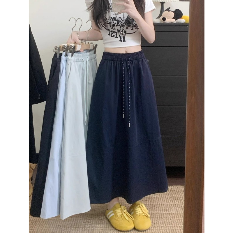大码300斤抽绳韩版纯色百搭A字裙女春夏薄款拼接休闲中长款半身裙|undefined