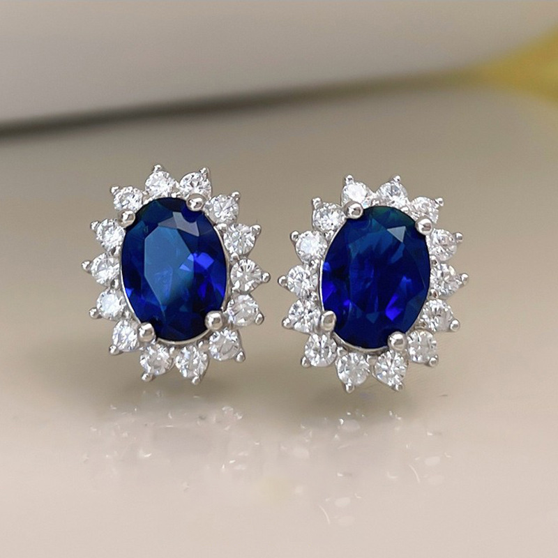 Sri Lanka Royal Synthetic Sapphire Earrings Women's Diamond Amethyst Colorful Gemstone Princess Diana Flower Earrings