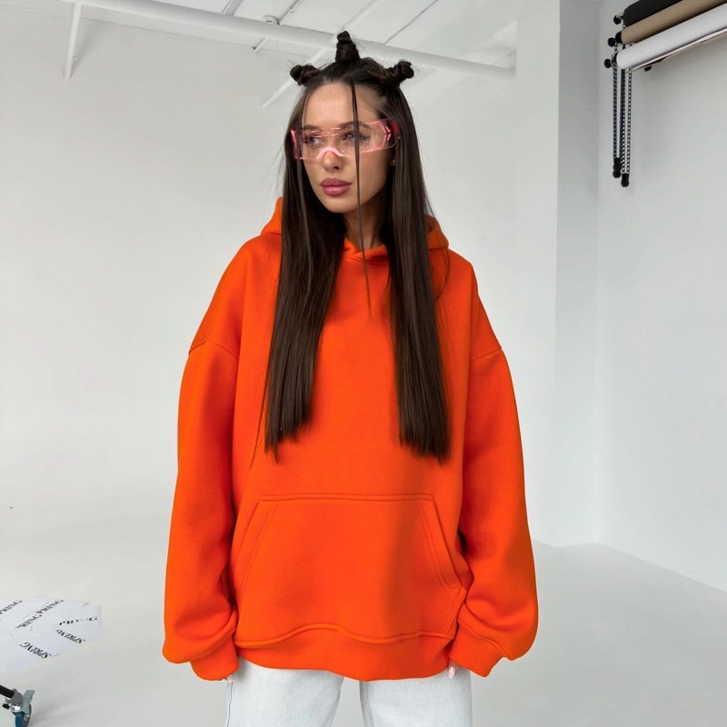 2025跨境欧美秋冬纯色休闲百搭连帽套头保暖卫衣大口袋上衣女|undefined