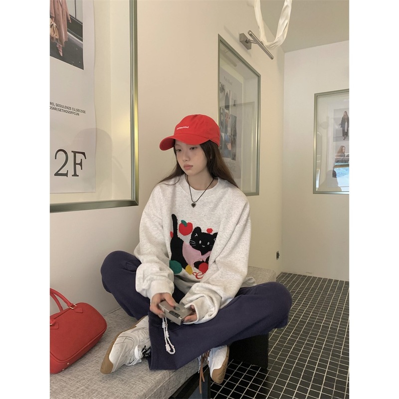 实拍~韩系可爱猫咪毛巾绣宽松休闲卫衣女秋季圆领套头外套潮89520|undefined