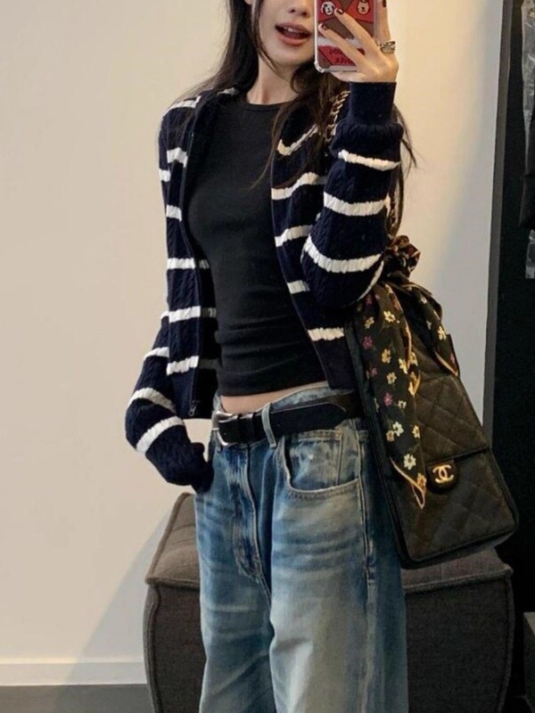 藏青色条纹连帽麻花针织开衫外套女韩系氛围感早秋季穿搭毛衣上衣|undefined