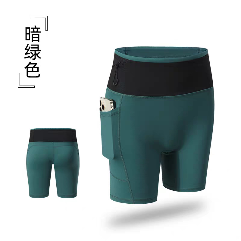 Pantalones cortos deportivos de verano para mujer, bolsillo para teléfono móvil, cintura alta, glúteos, maratón elástico, fitness, yoga, leggings de compresión