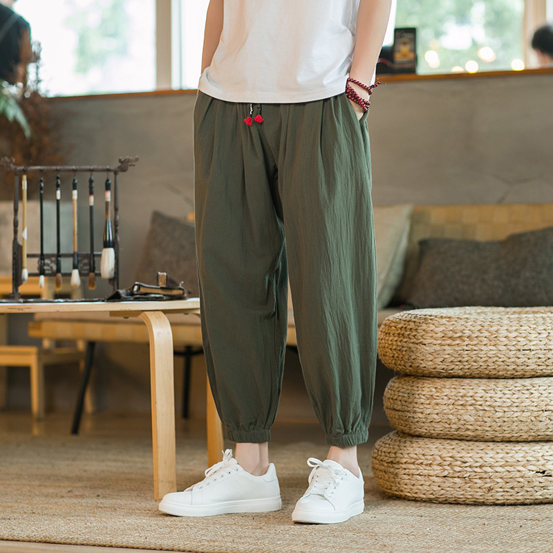 2026 Summer New Style Youth Loose Plus-Size Casual Pants Men's Chinese Style Solid Color Simple Cuffed Cotton-Linen Pants