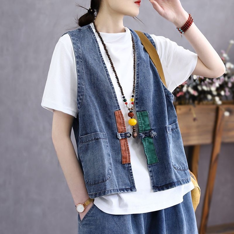 Vintage Retro Color-Block Patchwork Button Denim Vest for Women 2025 Summer Thin Loose Sleeveless Top Waistcoat