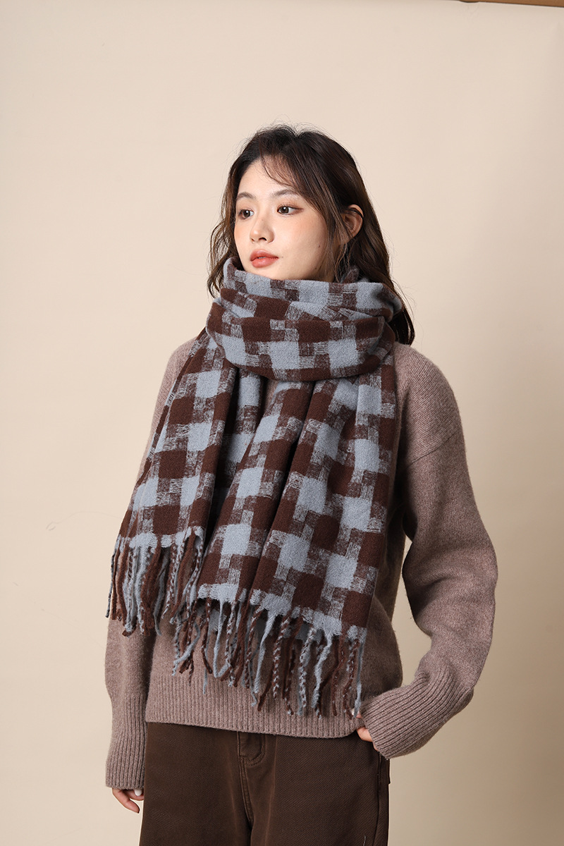 Sciarpa a quadri da donna autunno inverno sensazione avanzata spessa e calda collo frangia versatile studente moda INS_voghion.com