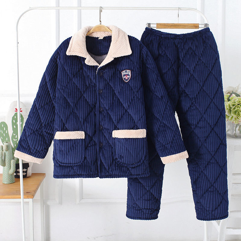 Winter Three-layer Quilted Pajamas Men's fleece-lined Thickened Loose plus size Outwear Mid-length Flannel Pajamas for Middle-aged and Elderly