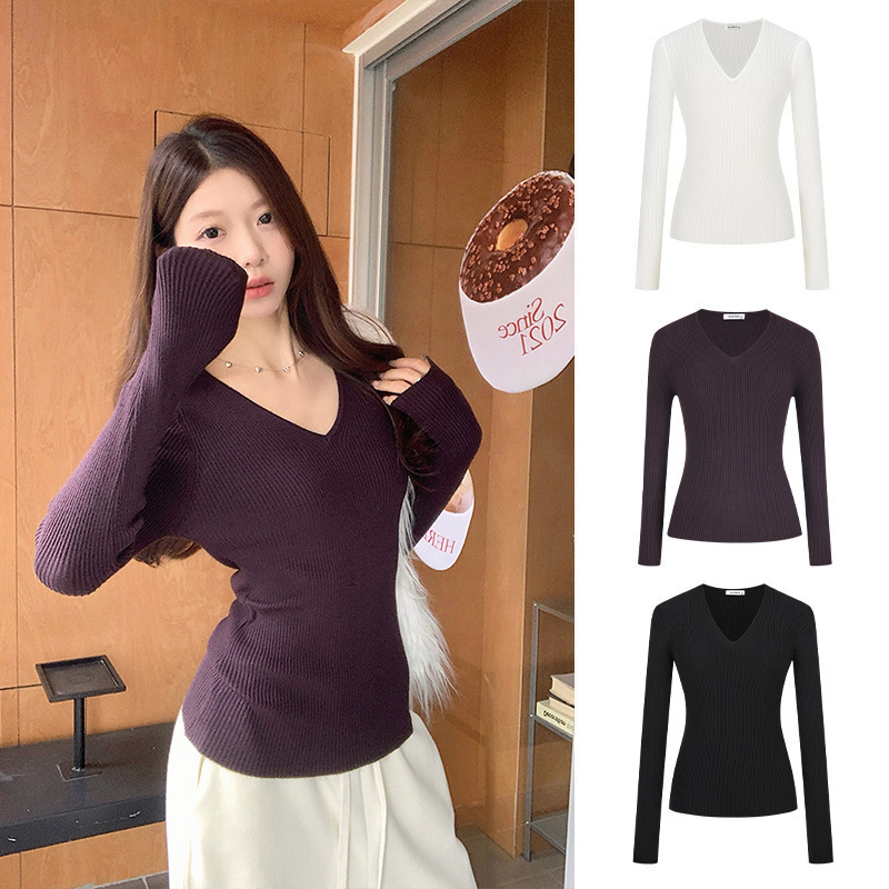 Runziqing Autumn and Winter Simple V Neck Design with Long-Sleeved Knitwear, Slim-Fitting Bottoming Shirt for Women Runziqing Autumn and Winter Simple V Neck Design with Long-Sleeved Knitwear, Slim-Fitting Bottoming Shirt for Women