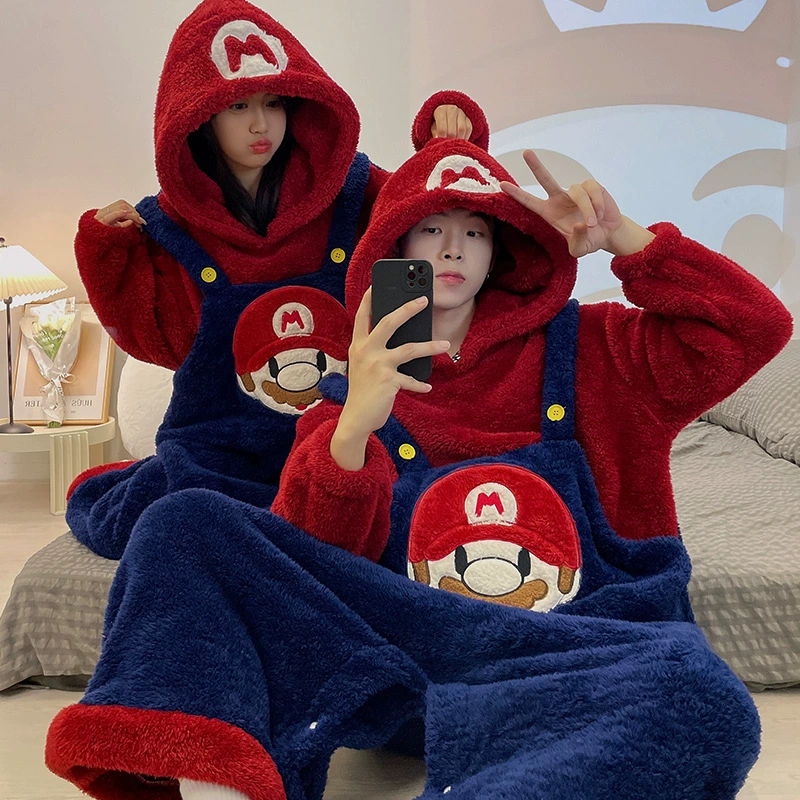 Марио соединенных пижамы для мужчин и женщин зимний коралловый бархат пара сеть красный ветер милый мультяшный фланелевый домашний костюм зимой