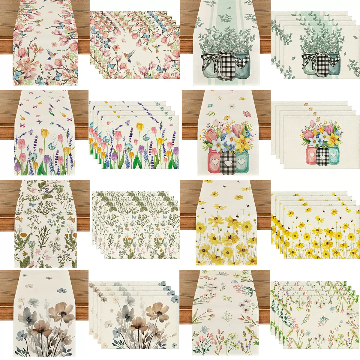 亚马逊热卖新款桌旗餐垫组合春季花草季节性亚麻材质厂家直销