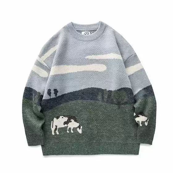 American Streetwear 2023 Fall/Winter New Japanese Retro Knit Sweater Trendy Round Neck Loose Knitted Cardigan Jacket Unisex