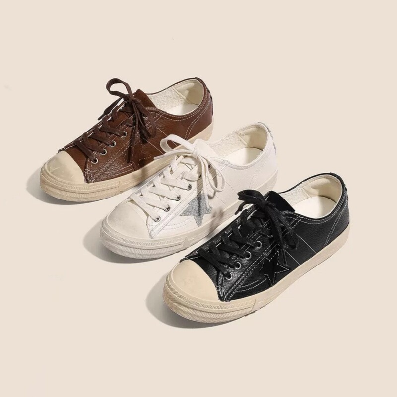 Cowhide White Shoes Women's Shoes Autumn Frozen Season New Brown Retro Old Lace-up Star Casual Sneakers Dirty Cloth Shoes