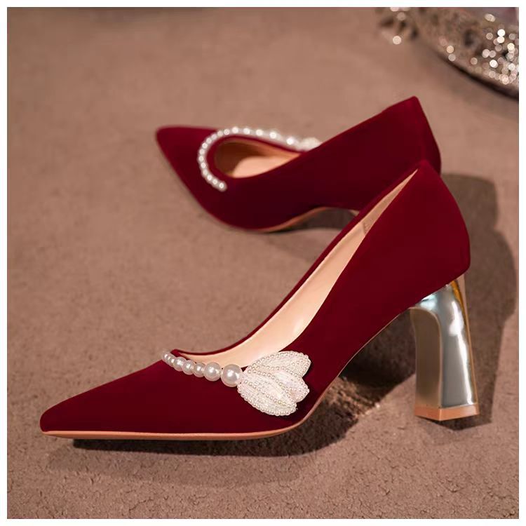 High-Heeled Chunky Wedding Shoes for Women, Dual-Use, 2025 New Model, Xiuhe Style, Bride's Shoes, Maternity Shoes, Burgundy Engagement Single Shoes High-Heeled Chunky Wedding Shoes for Women, Dual-Use, 2025 New Model, Xiuhe Style, Bride's Shoes, Maternity Shoes, Burgundy Engagement Single Shoes