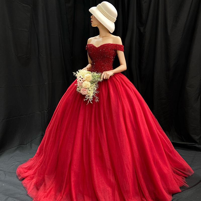 Rojo fuera del hombro vestido de novia tostada cintura apretada más tamaño las mujeres embarazadas salen pettiskirt solo vestido de noche de rendimiento