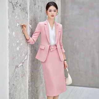 粉色西装套装2026新款春秋高端气质中长款女裙套装职业正装工作服