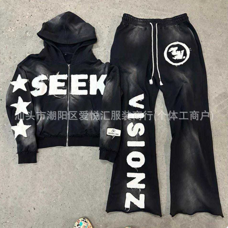 E243 Autumn New American Retro Print Long Sleeve Hooded Shirt Letter Print Loose Casual Sweatshirt Unisex