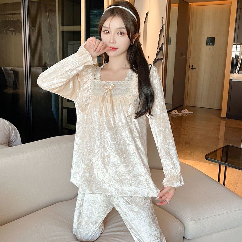 Otoño nuevo terciopelo dorado color sólido pijama de manga larga encaje cuello cuadrado princesa ropa de casa primavera set transfronterizo