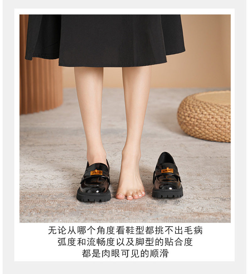 Giày lười nữ da mềm mũi tròn đế dày khóa vàng gót vuông 3–5 cm — Màu đen chi tiết 16