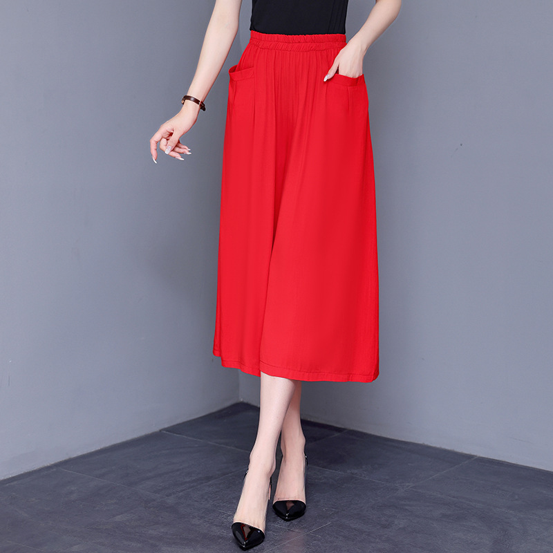 Women's Summer Thin Cotton Silk Wide-leg Pants Casual plus size Middle-aged Mother's Elegant Solid Color Cropped Culottes