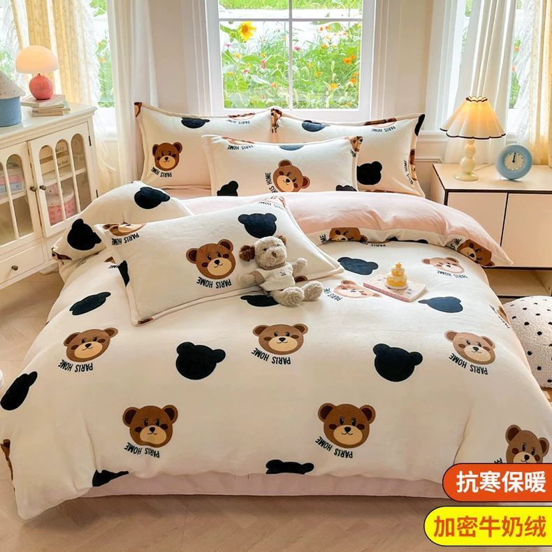 Invierno leche de cama de lana de cuatro piezas con una brida de lana de coral gruesa sábanas cubiertas de dibujos animados para niños con tres piezas