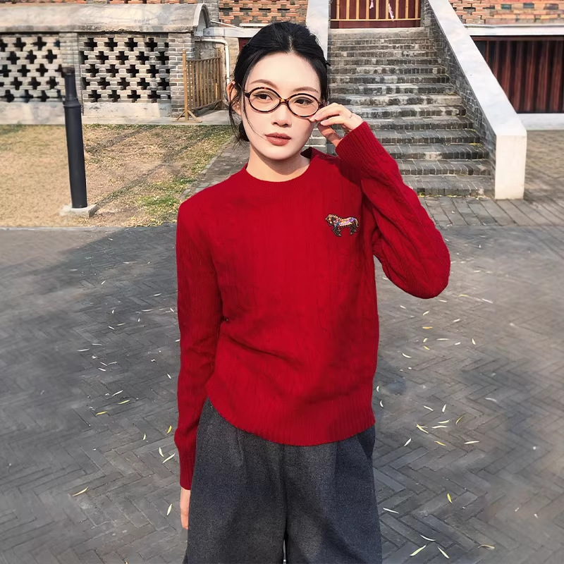 Cable Round Neck Wool Pullover 2025 Autumn and Winter New Preppy Style Red Women's Top Carousel