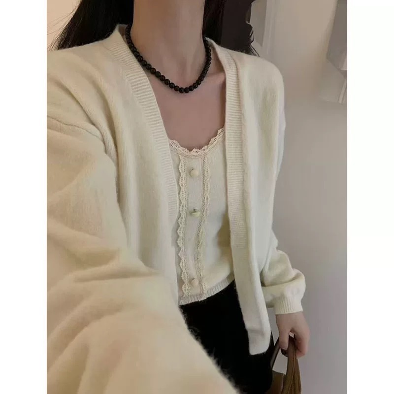 韩系百搭纯色长袖毛衣开衫女秋冬季新款叠穿蕾丝花边针织吊带套装|undefined