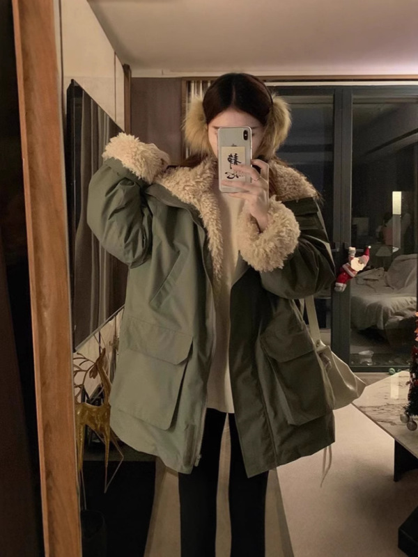 欧货赵露思同款派克服冲锋衣女中长款羊羔绒加绒加厚拼接棉服外套|undefined