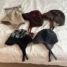 2025新款羊羔绒双面格纹雷锋帽子女秋冬季保暖百搭毛绒防风护耳帽